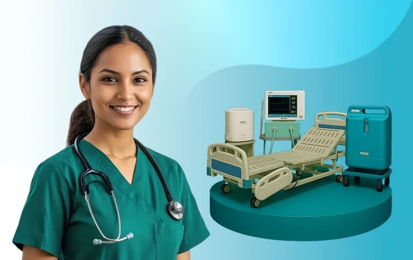 Healthcare professional with home medical equipment including bed, monitor, and oxygen concentrator